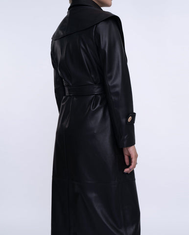 Black Double-breasted Long Leather Trench Coat