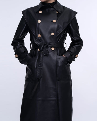 Black Double-breasted Long Leather Trench Coat
