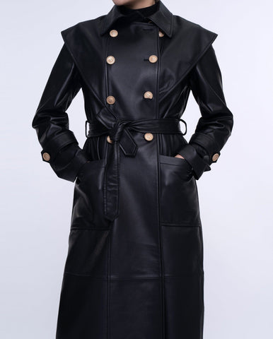 Black Double-breasted Long Leather Trench Coat