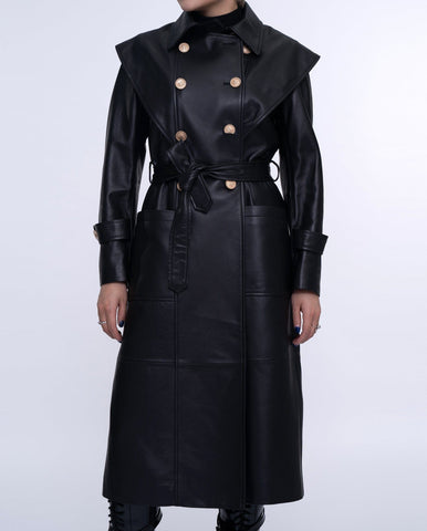 Black Double-breasted Long Leather Trench Coat