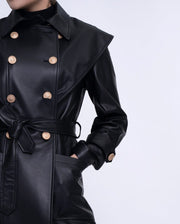 Black Double-breasted Long Leather Trench Coat