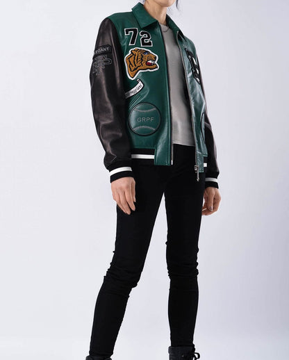 Embroidery Patched Lambskin Leather Bomber Varsity Jacket