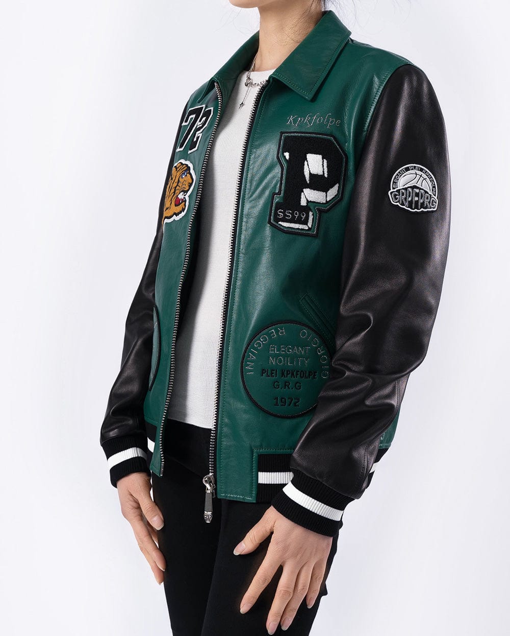 Embroidery Patched Lambskin Leather Bomber Varsity Jacket
