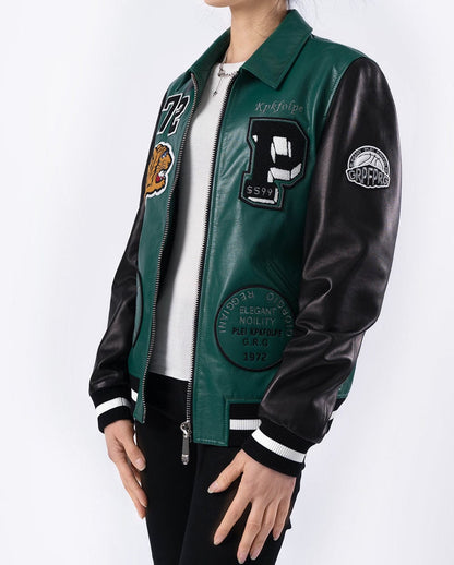 Embroidery Patched Lambskin Leather Bomber Varsity Jacket