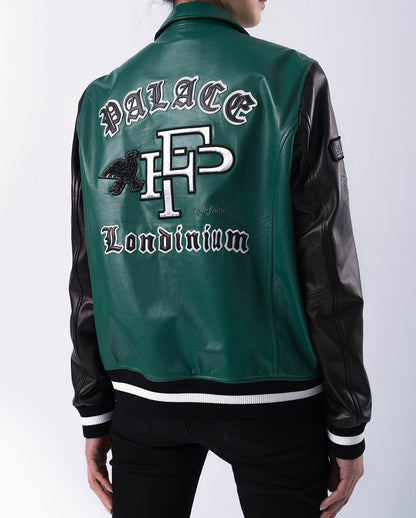 Embroidery Patched Lambskin Leather Bomber Varsity Jacket