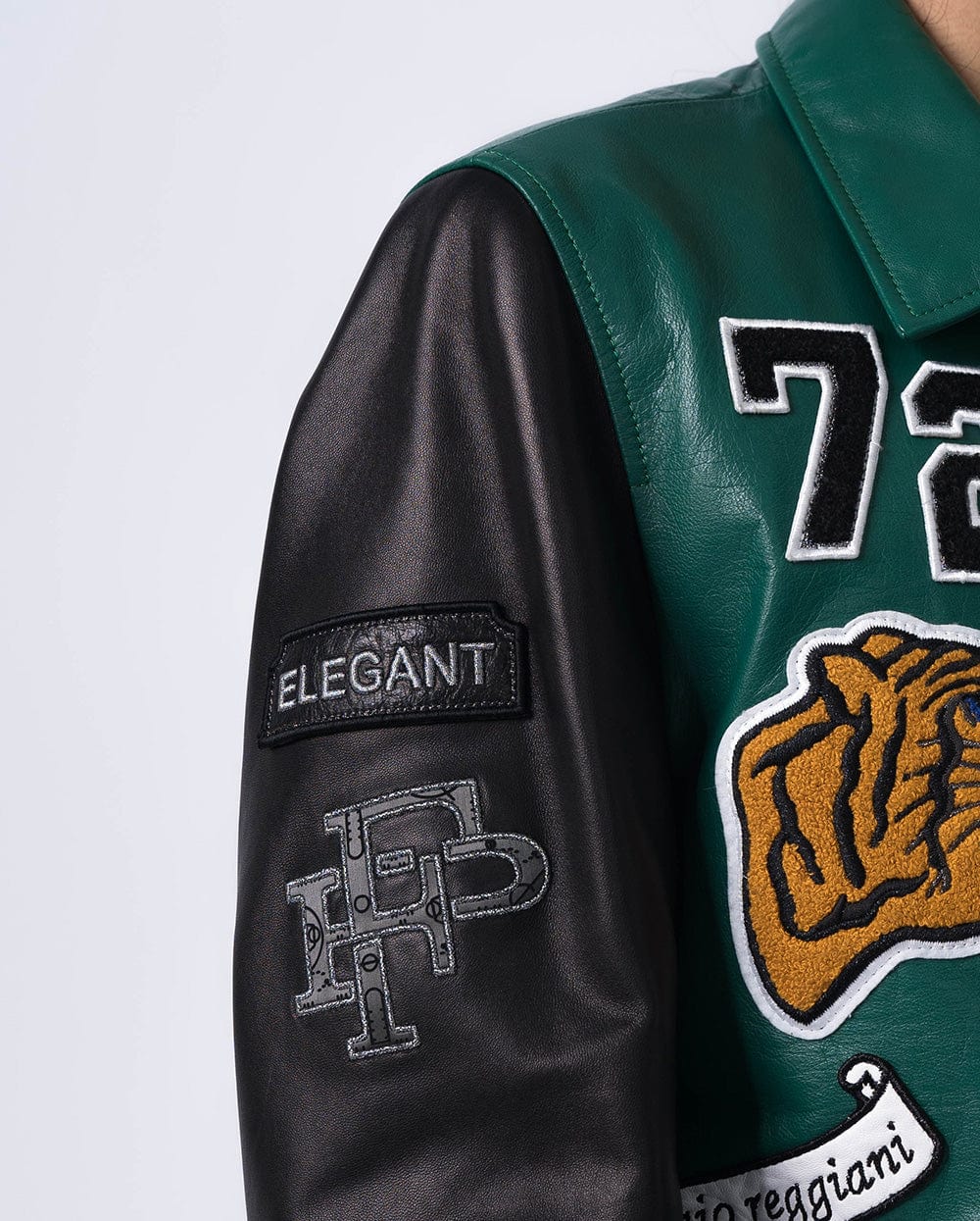 Embroidery Patched Lambskin Leather Bomber Varsity Jacket