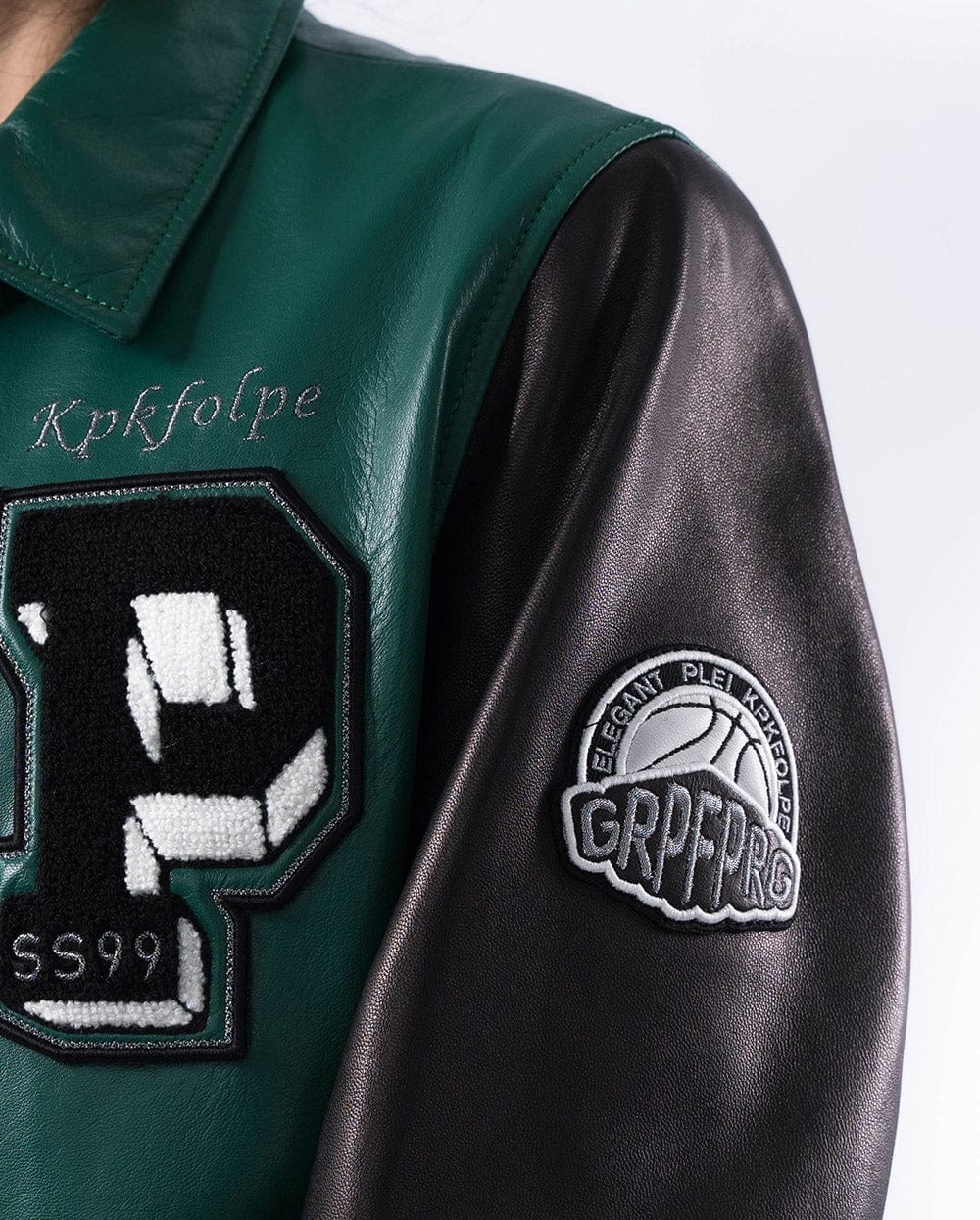 Embroidery Patched Lambskin Leather Bomber Varsity Jacket