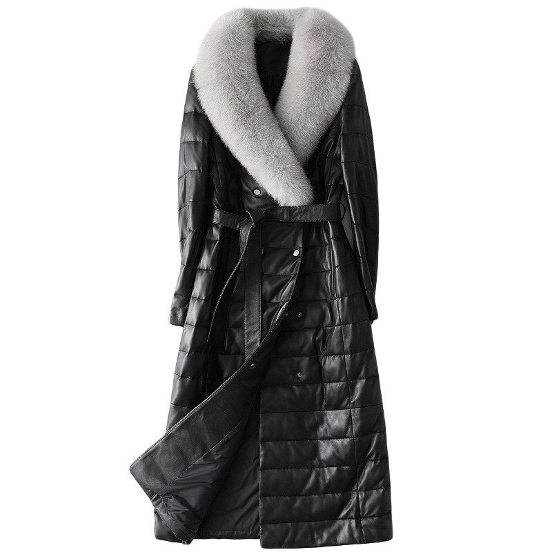 Genuine Sheepskin Leather Suede Coat Duck Down Lingning Fox Fur Collar