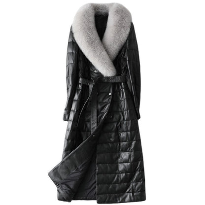 Genuine Sheepskin Leather Suede Coat Duck Down Lingning Fox Fur Collar