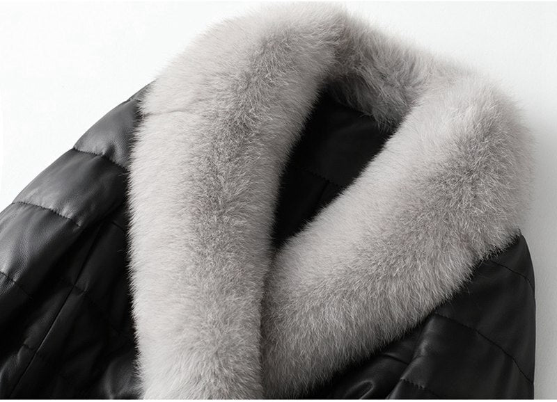 Genuine Sheepskin Leather Suede Coat Duck Down Lingning Fox Fur Collar