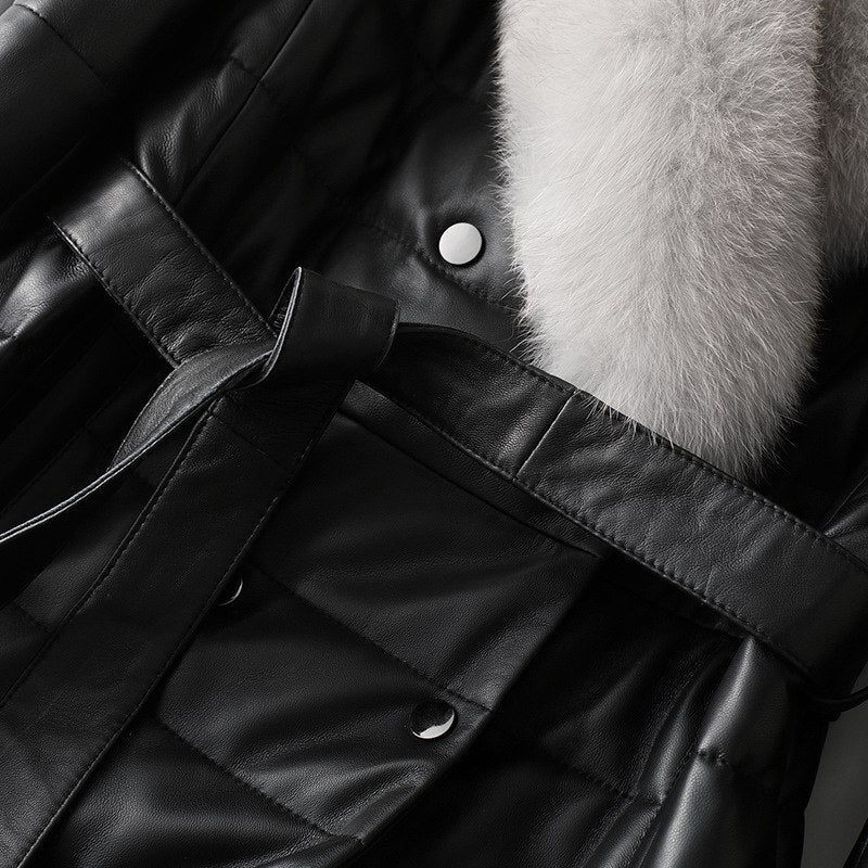 Genuine Sheepskin Leather Suede Coat Duck Down Lingning Fox Fur Collar