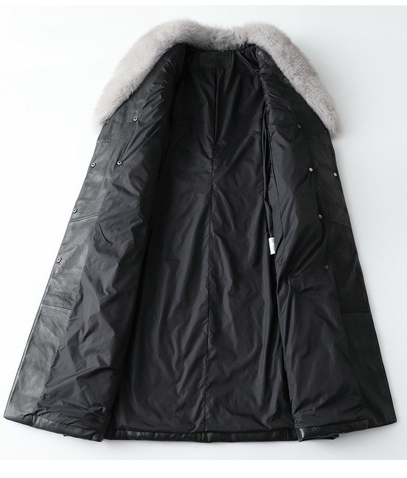 Genuine Sheepskin Leather Suede Coat Duck Down Lingning Fox Fur Collar