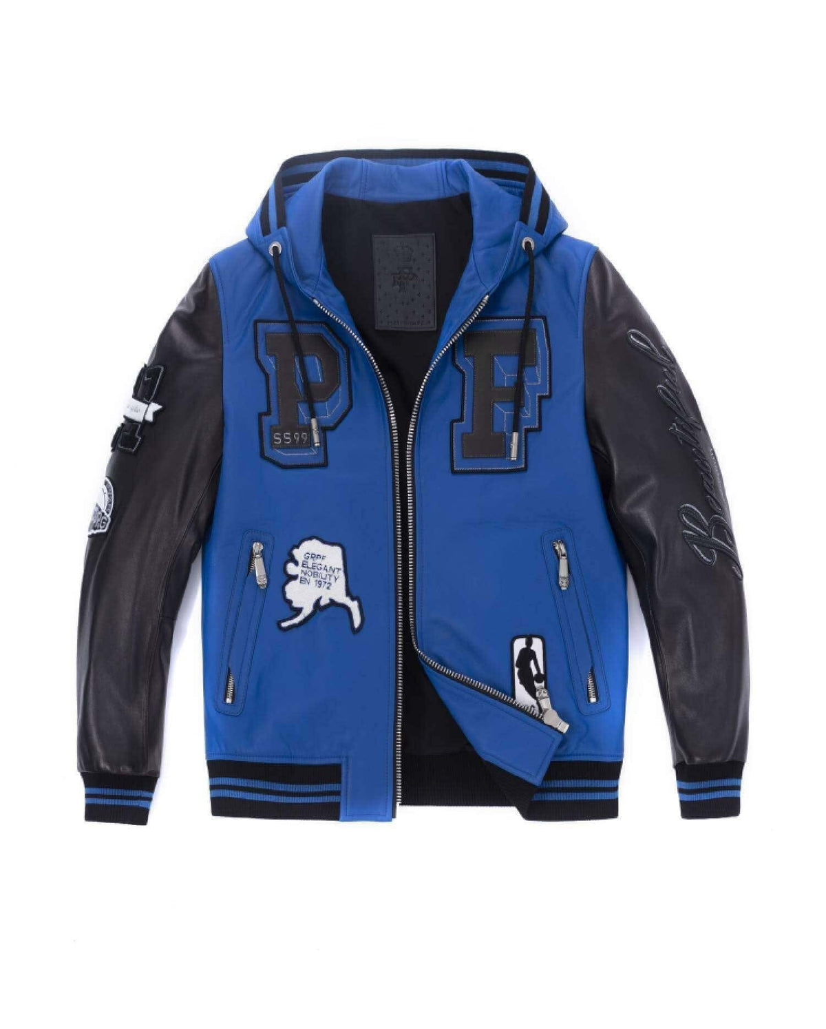 Hooded Pattern Patched Lambskin Leather Bomber Jacket