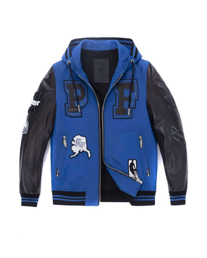 Hooded Pattern Patched Lambskin Leather Bomber Jacket