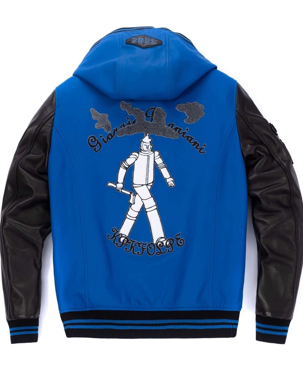Hooded Pattern Patched Lambskin Leather Bomber Jacket