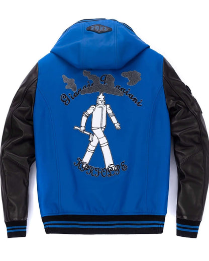 Hooded Pattern Patched Lambskin Leather Bomber Jacket