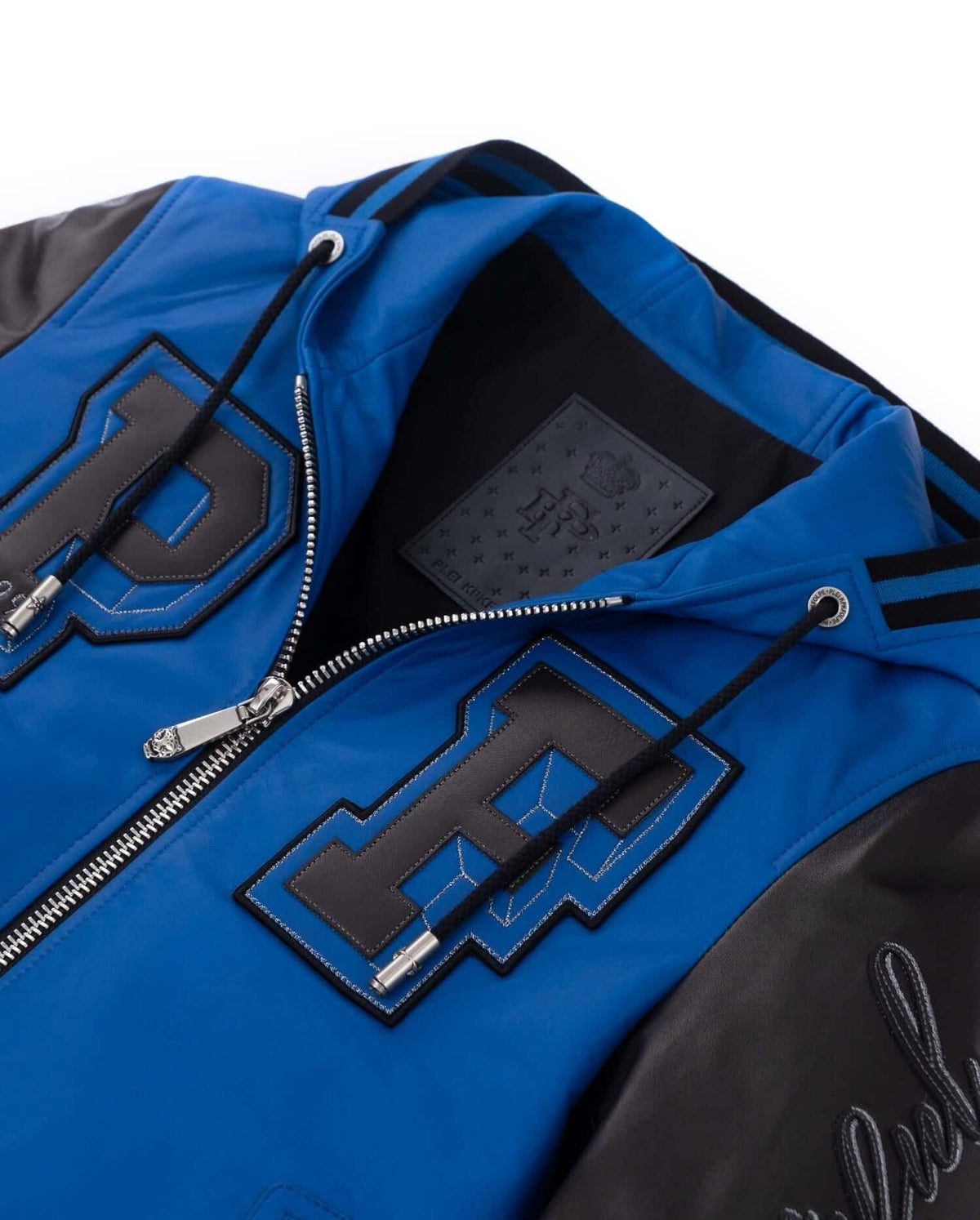 Hooded Pattern Patched Lambskin Leather Bomber Jacket