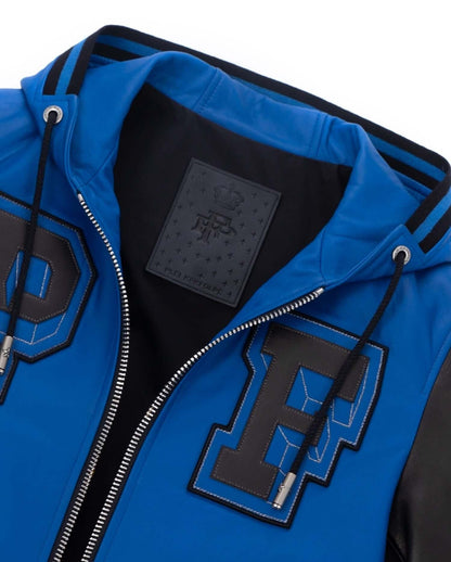 Hooded Pattern Patched Lambskin Leather Bomber Jacket