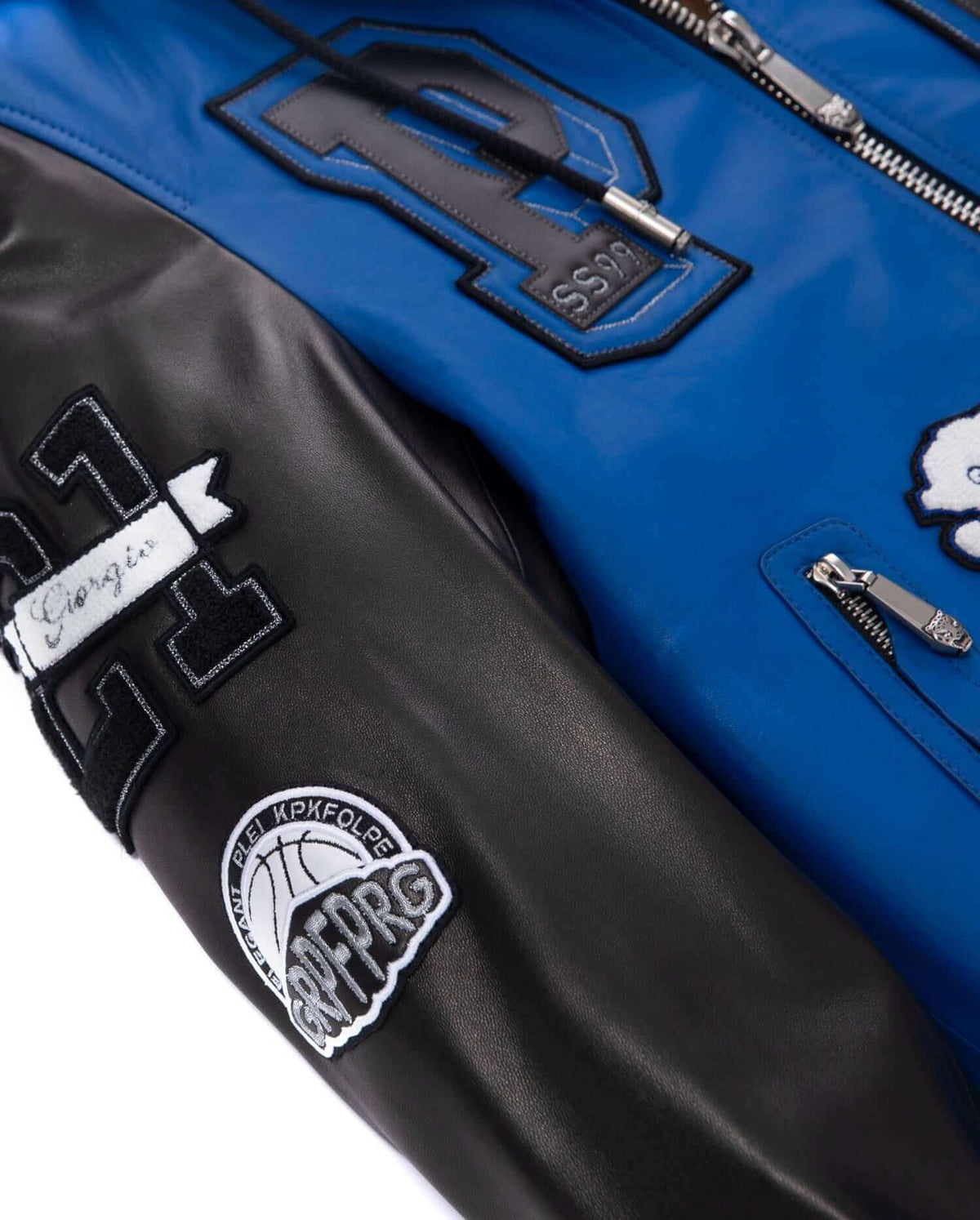 Hooded Pattern Patched Lambskin Leather Bomber Jacket