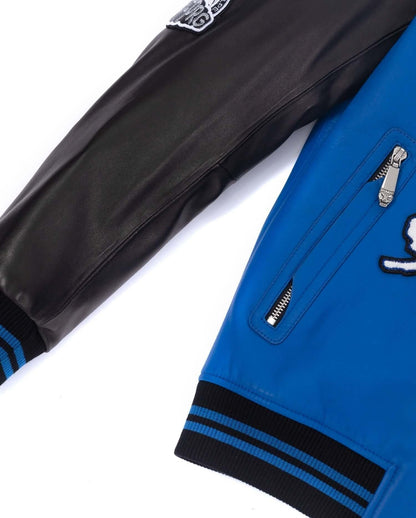 Hooded Pattern Patched Lambskin Leather Bomber Jacket