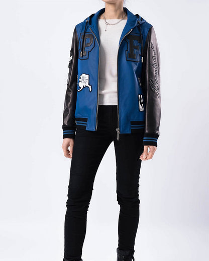 Hooded Pattern Patched Lambskin Leather Bomber Jacket