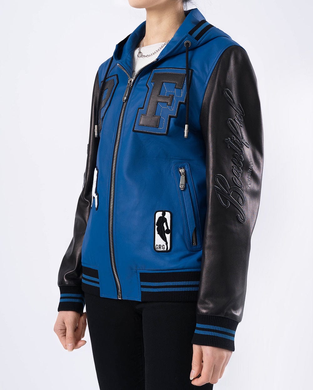 Hooded Pattern Patched Lambskin Leather Bomber Jacket