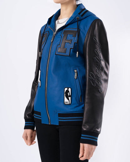 Hooded Pattern Patched Lambskin Leather Bomber Jacket