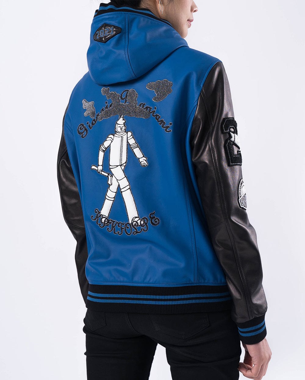 Hooded Pattern Patched Lambskin Leather Bomber Jacket