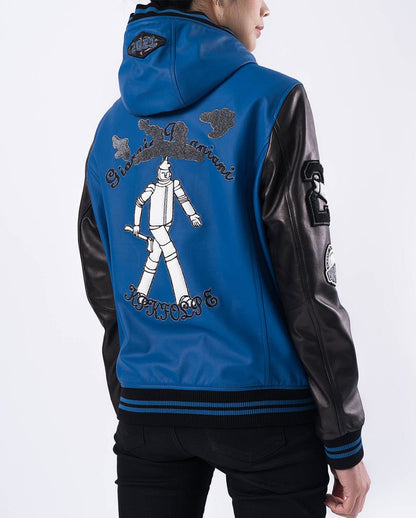 Hooded Pattern Patched Lambskin Leather Bomber Jacket