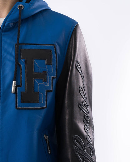 Hooded Pattern Patched Lambskin Leather Bomber Jacket