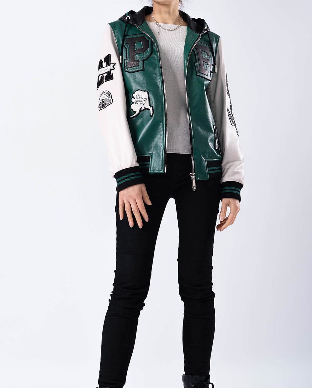 Hooded Splicing Designed Lambskin Leather Bomber Jacket