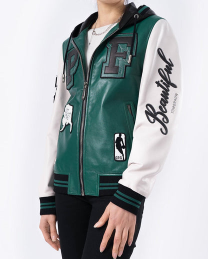 Hooded Splicing Designed Lambskin Leather Bomber Jacket