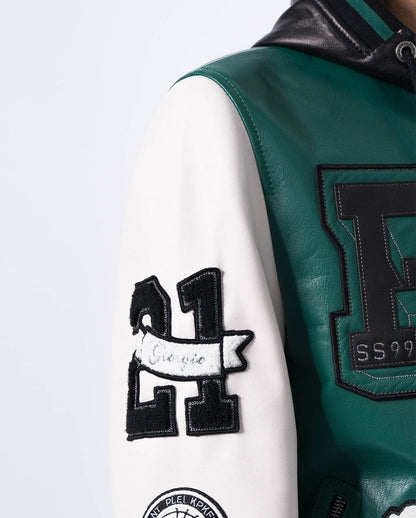 Hooded Splicing Designed Lambskin Leather Bomber Jacket