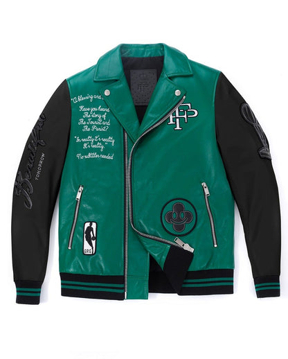 Lambskin Logo Embroidery Patched Genuine Leather Moto Biker Jacket
