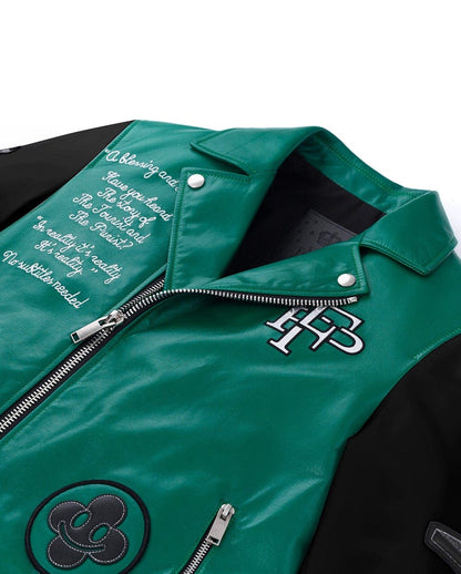 Lambskin Logo Embroidery Patched Genuine Leather Moto Biker Jacket