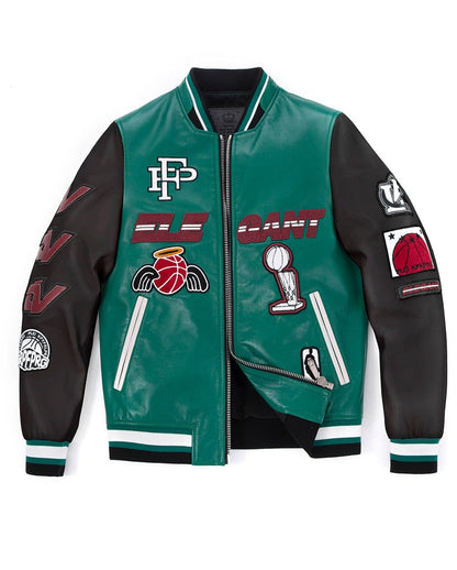 Lambskin Patched Color Splicing Leather Varsity Bomber Jacket