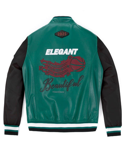 Lambskin Patched Color Splicing Leather Varsity Bomber Jacket