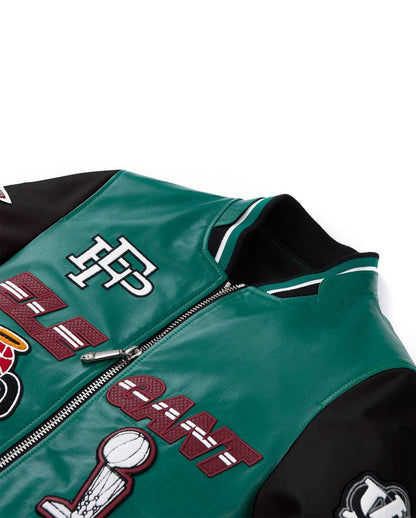 Lambskin Patched Color Splicing Leather Varsity Bomber Jacket