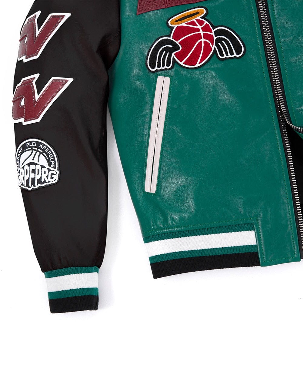 Lambskin Patched Color Splicing Leather Varsity Bomber Jacket