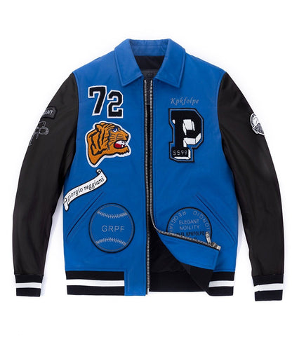 Lambskin Embroidery Pattern Patched Leather Letterman Varsity Bomber Jacket