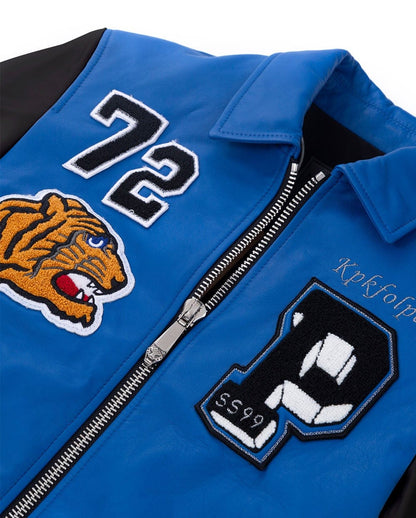 Lambskin Embroidery Pattern Patched Leather Letterman Varsity Bomber Jacket