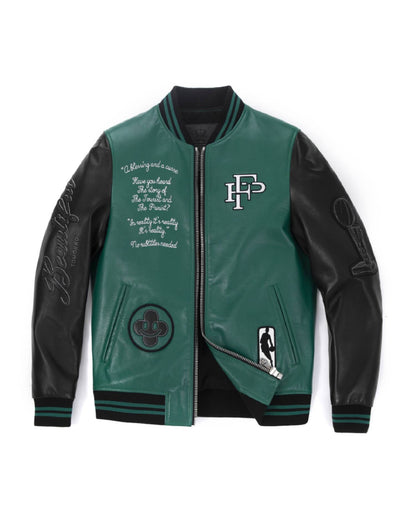 Lambskin Splicing Embroidery Leather Letterman Varsity Bomber Jacket