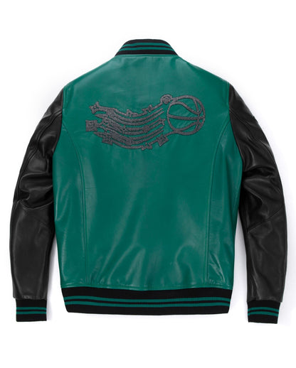 Lambskin Splicing Embroidery Leather Letterman Varsity Bomber Jacket