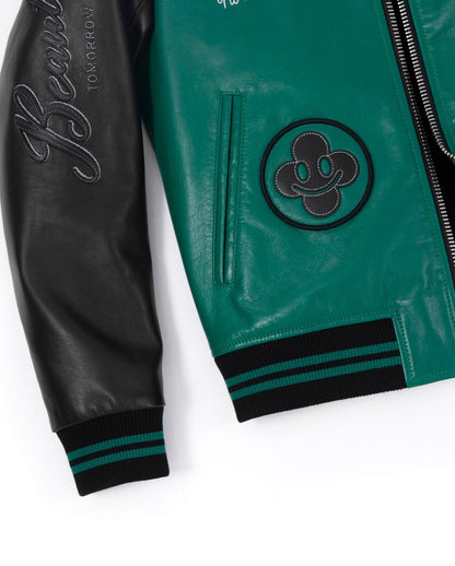 Lambskin Splicing Embroidery Leather Letterman Varsity Bomber Jacket