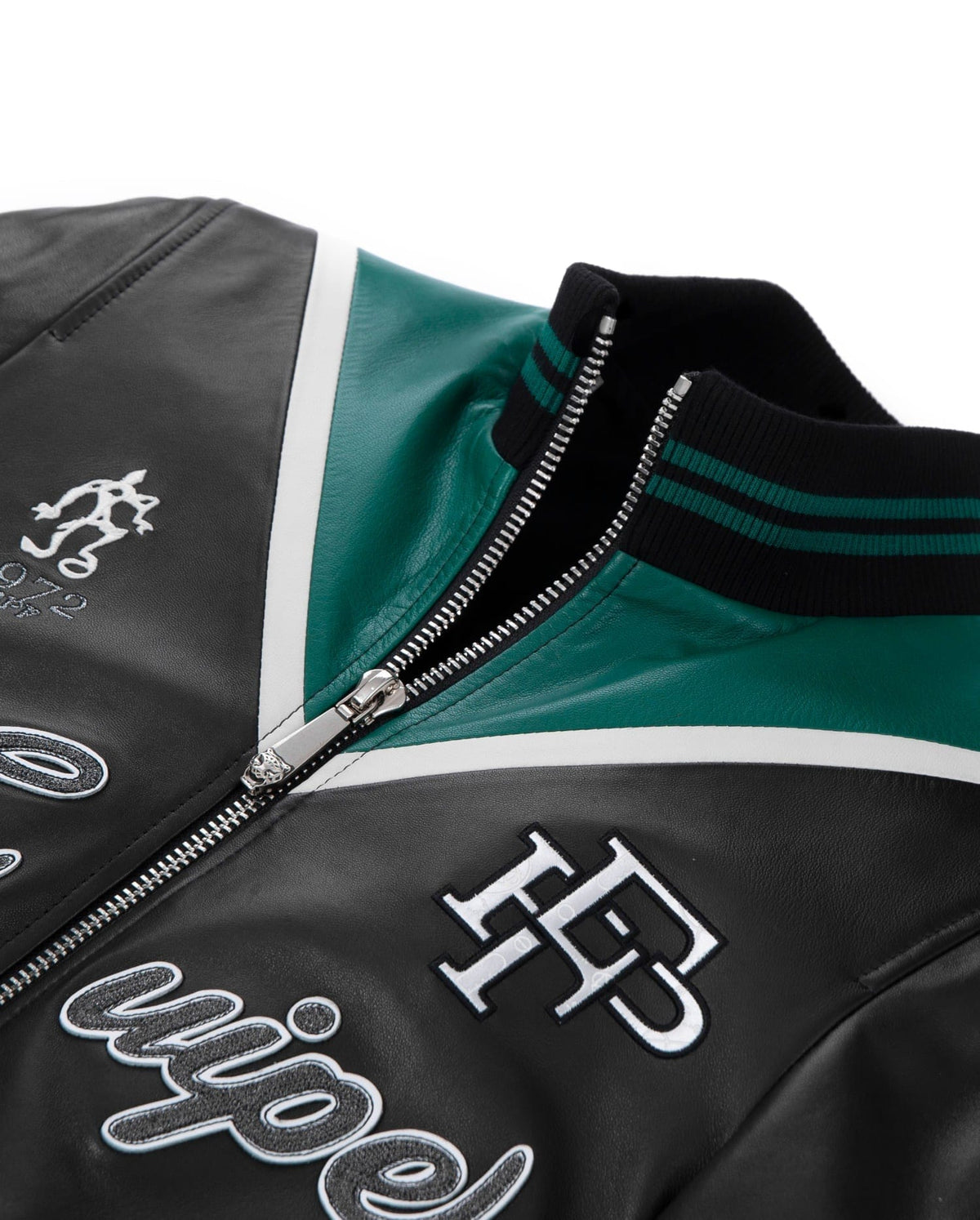 Lambskin Color Splicing Pattern Patched Leather Bomber Jacket