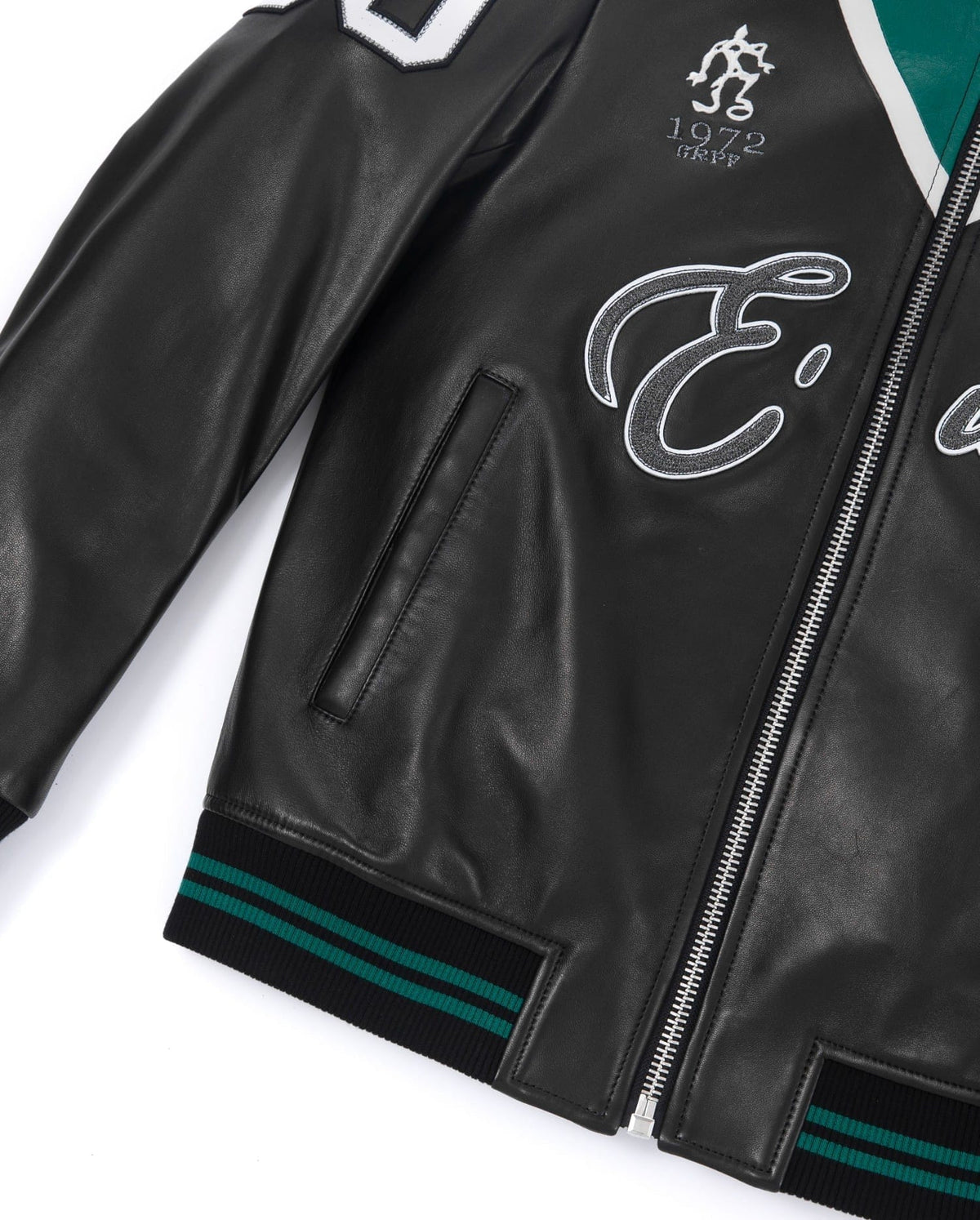 Lambskin Color Splicing Pattern Patched Leather Bomber Jacket