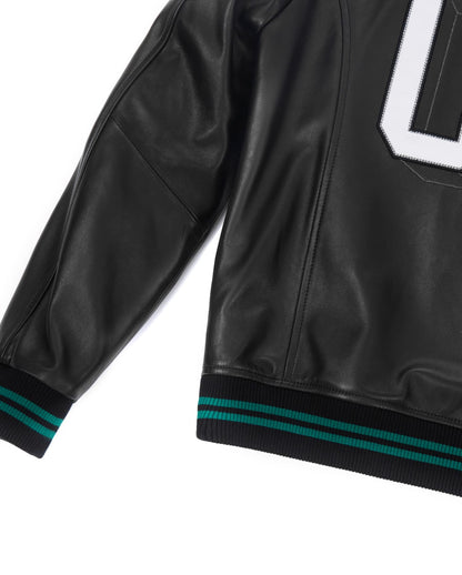 Lambskin Color Splicing Pattern Patched Leather Bomber Jacket