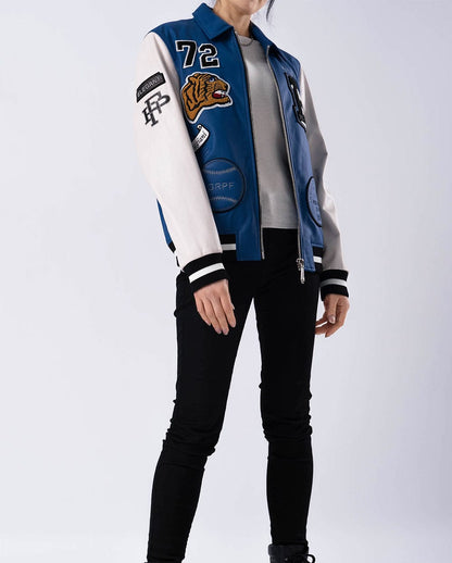 Lambskin Embroidery Pattern Patched Leather Letterman Varsity Bomber Jacket
