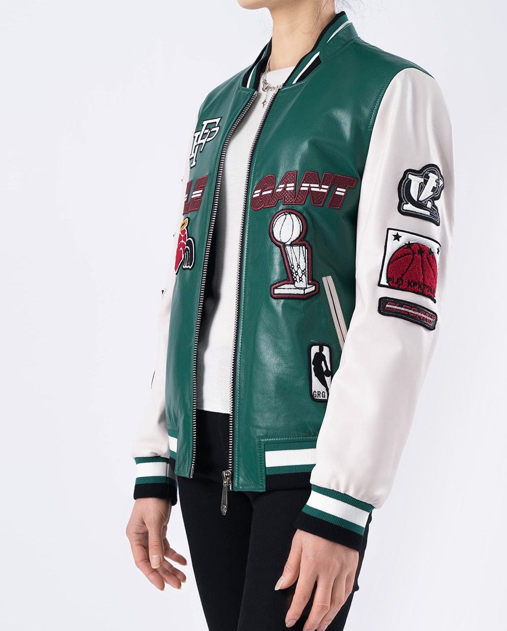 Lambskin Patched Color Splicing Leather Varsity Bomber Jacket