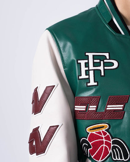 Lambskin Patched Color Splicing Leather Varsity Bomber Jacket